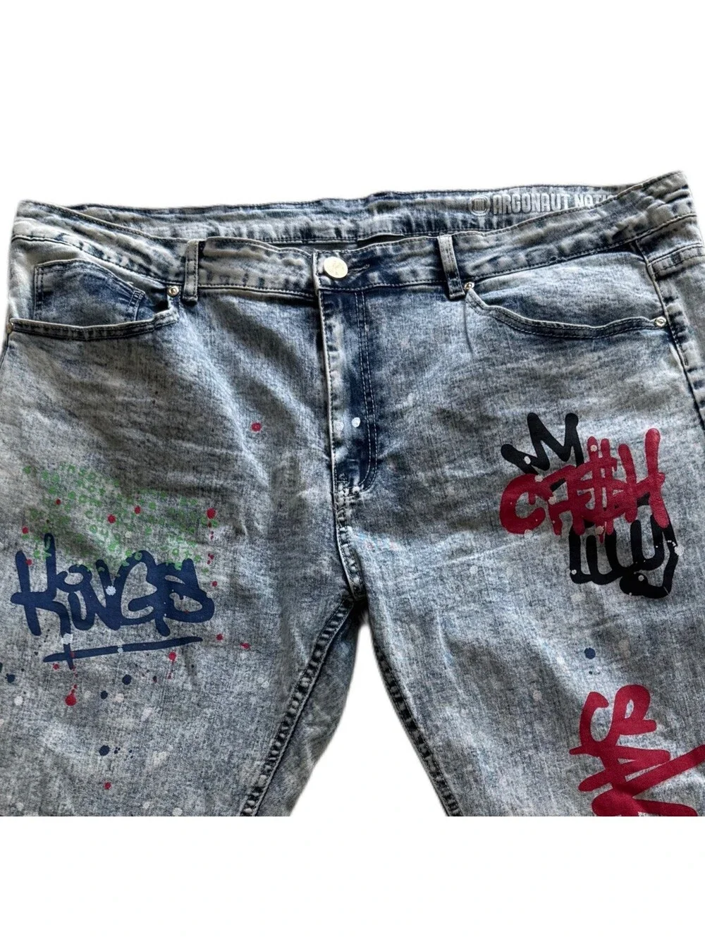 Y2K Argonaut Nation Graffiti Jeans Men’s 42x32 Streetwear Distressed Splatter
